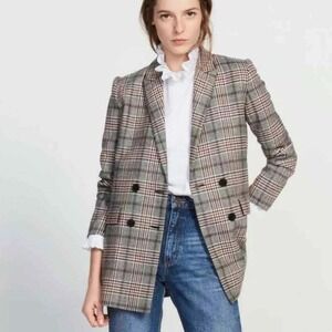 NWT Sandro Paris‎ Lauryn Plaid Wool Blazer Women 36 Double Breasted Designer Lux